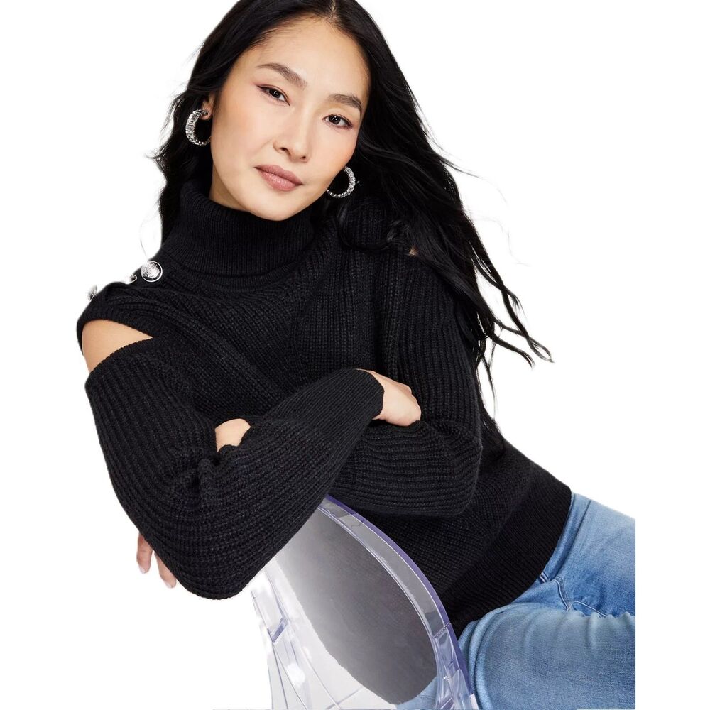 INC Womens M Deep Black Turtleneck Cold Shoulder Cable Knit Sweater NWT CH62
